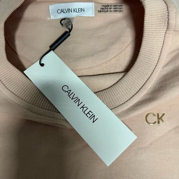 Calvin Klein Sweatshirt Crew Neck Blush Pink Tan Gathered Sleeves CK Logo XS - Picture 8 of 16